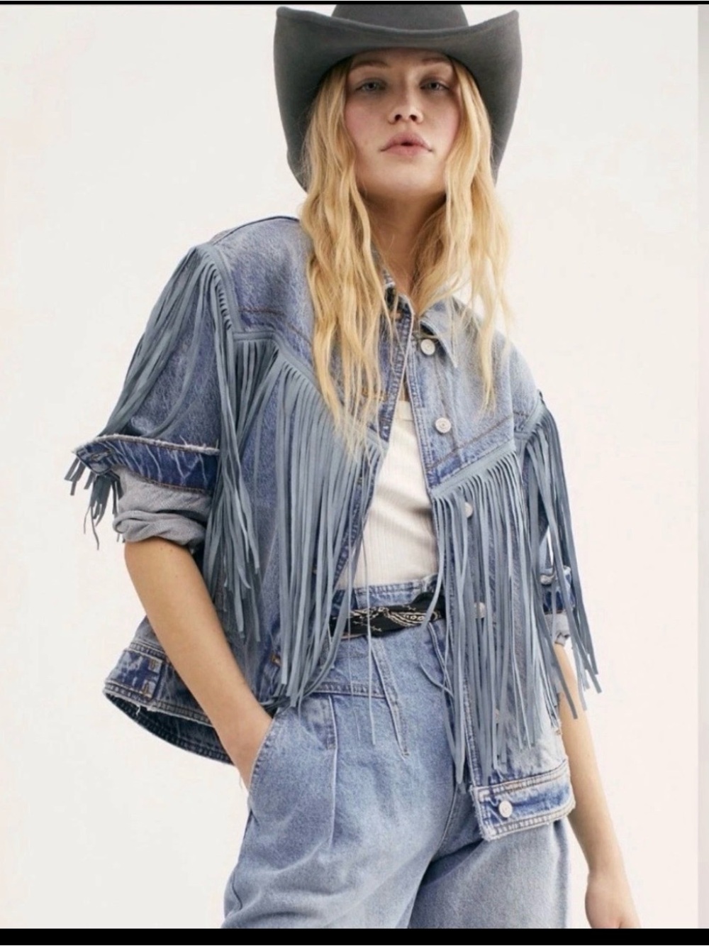 Free People We The Free Oversized Fringe Out Western Jean Jacket